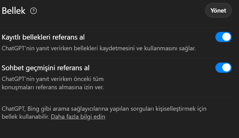 ChatGPT bellek arayüzü
